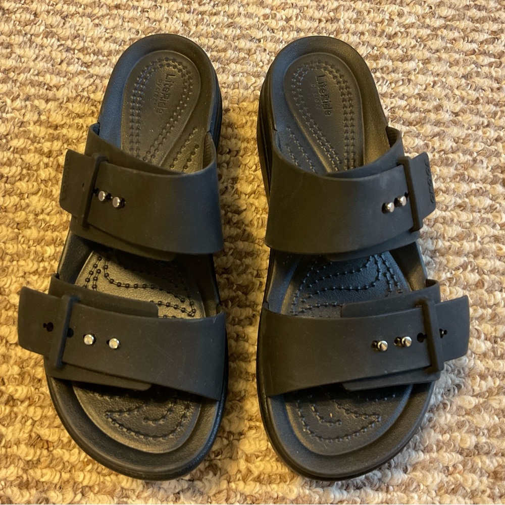 CROCS - BROOKLYN Women’s Black Low Wedge Sandal,  Size 5